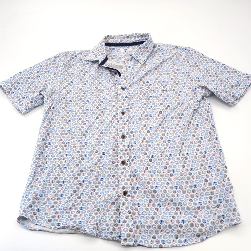 Nicoby Coastal Breeze Men Medium Shirt Blue Red Nautical Anchor Helm Cotton